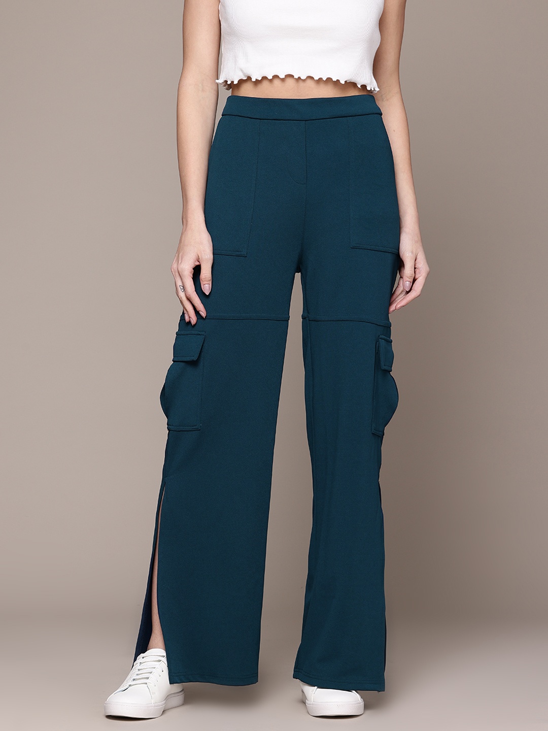 

The Roadster Lifestyle Co. Women Side-Slits High-Rise Bootcut Cargo Style Trousers, Teal