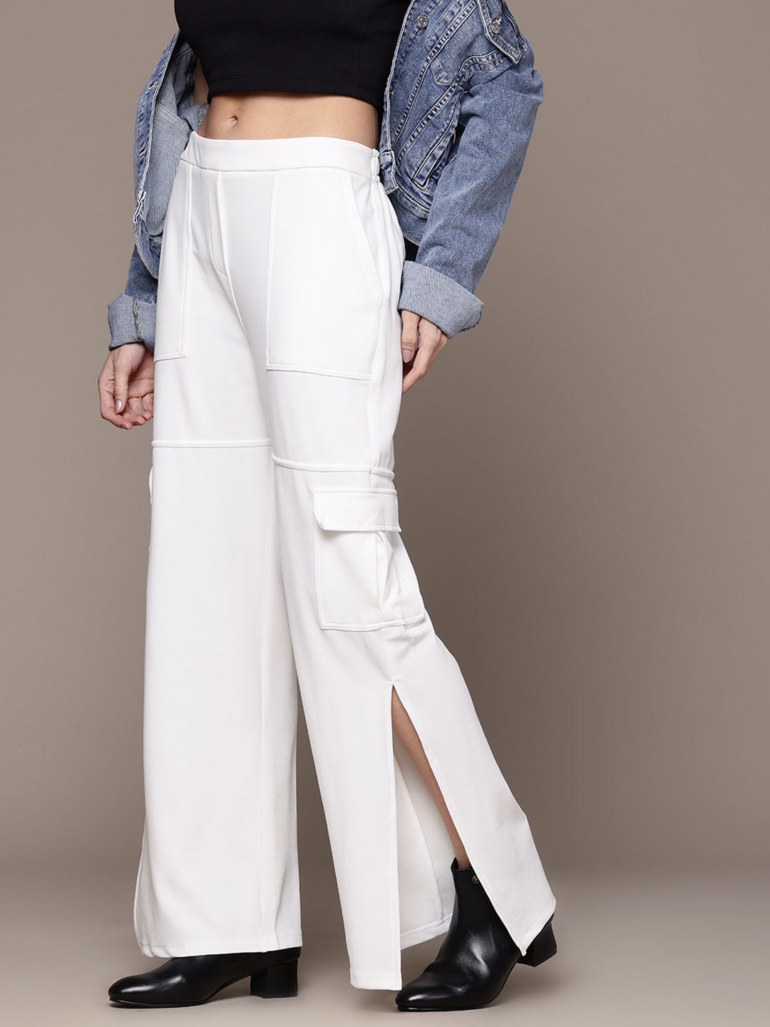 

The Roadster Lifestyle Co. Women Side-Slits High-Rise Bootcut Cargo Style Trousers, White
