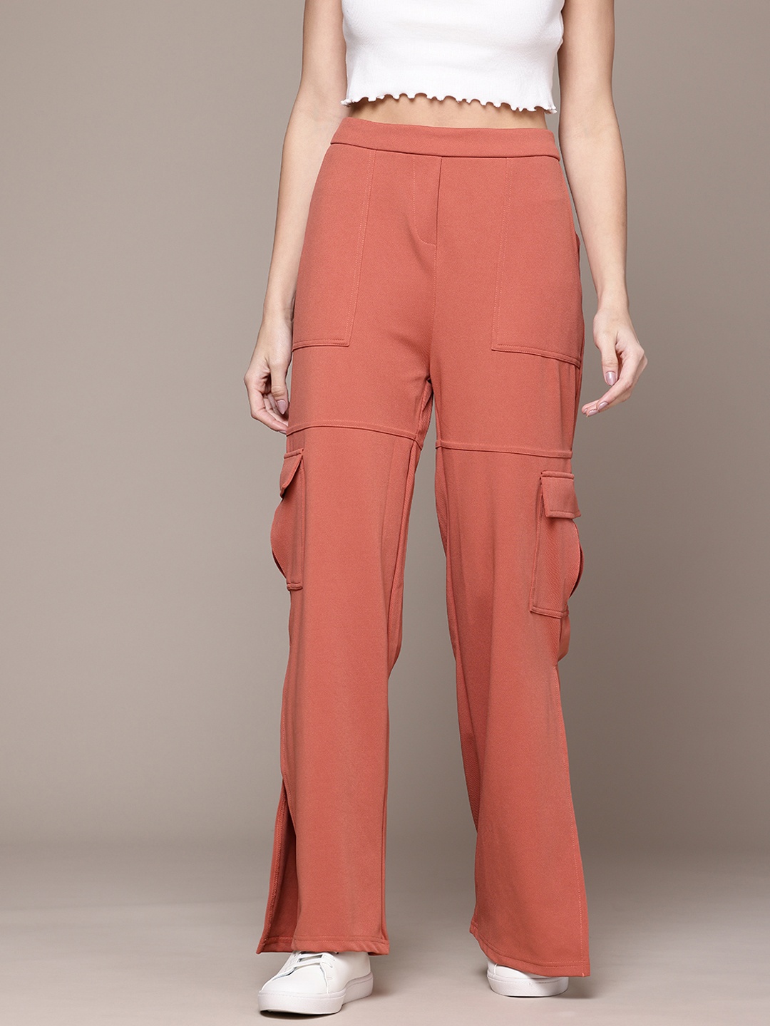 

The Roadster Lifestyle Co. Women Side-Slits High-Rise Bootcut Cargo Style Trousers, Peach