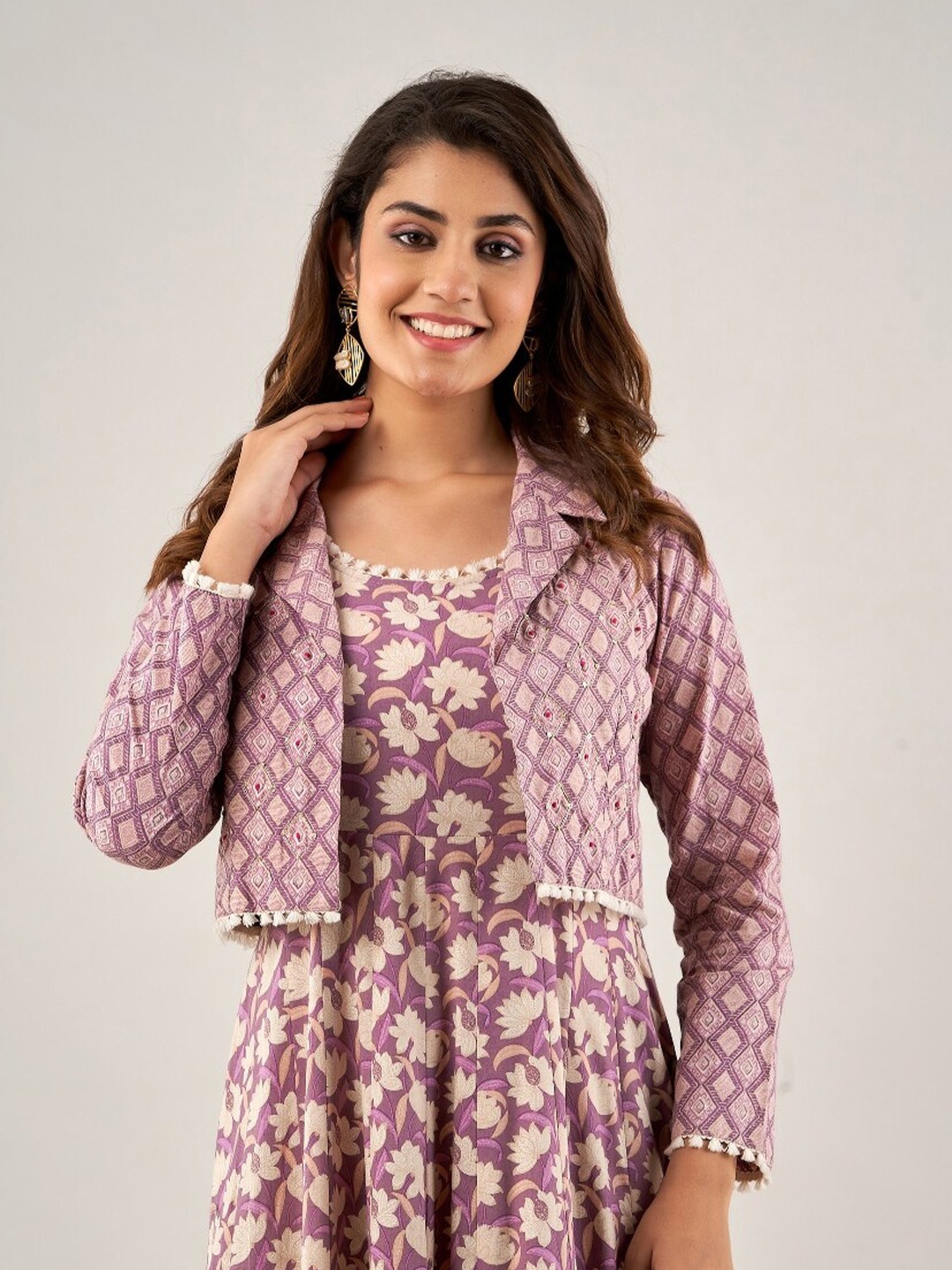 

HERE&NOW Floral Printed Cotton Fit & Flare Midi Dress With Blazer, Purple