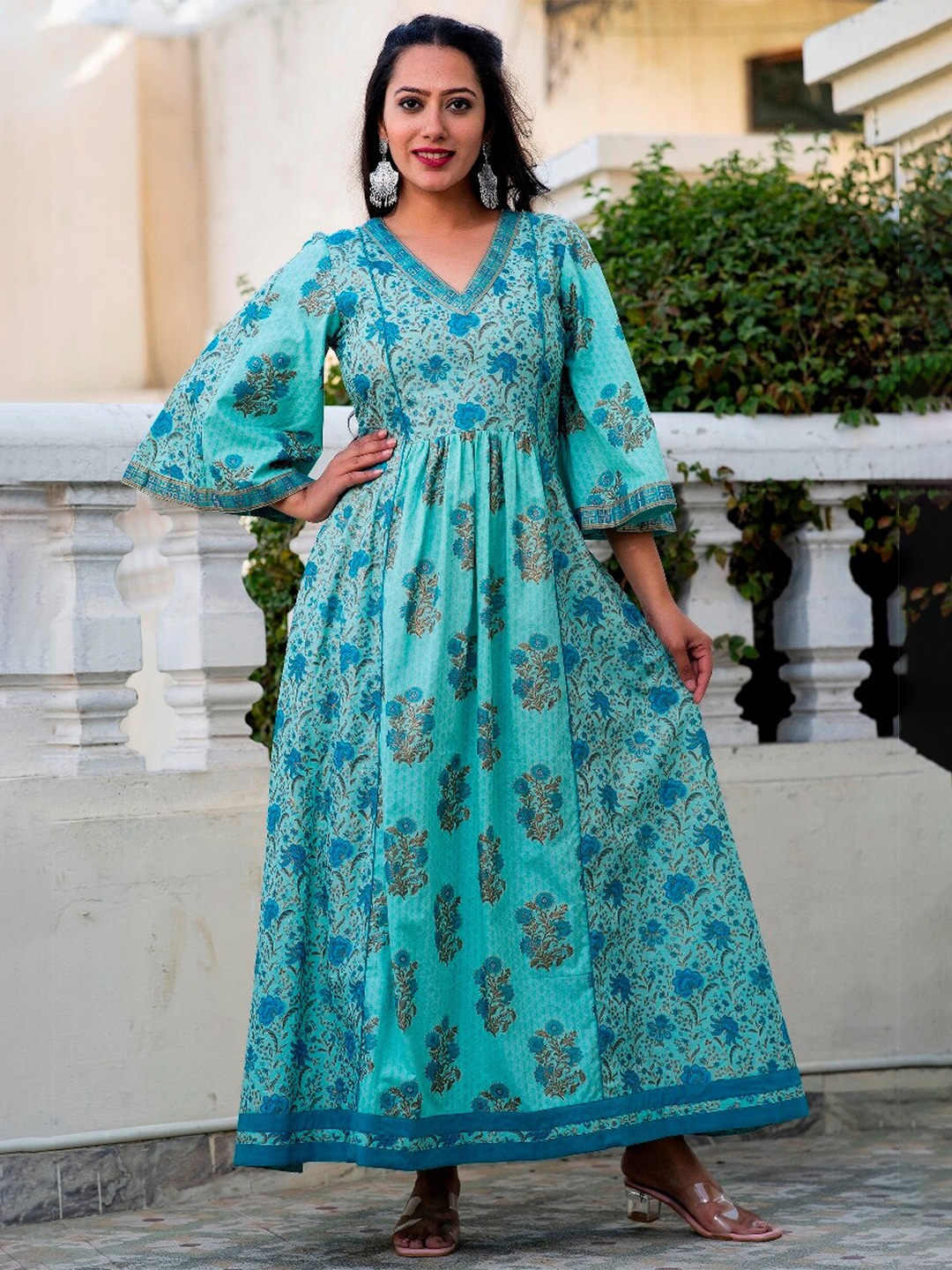 

HERE&NOW Floral Printed Flared Sleeve Maxi Dress, Turquoise blue