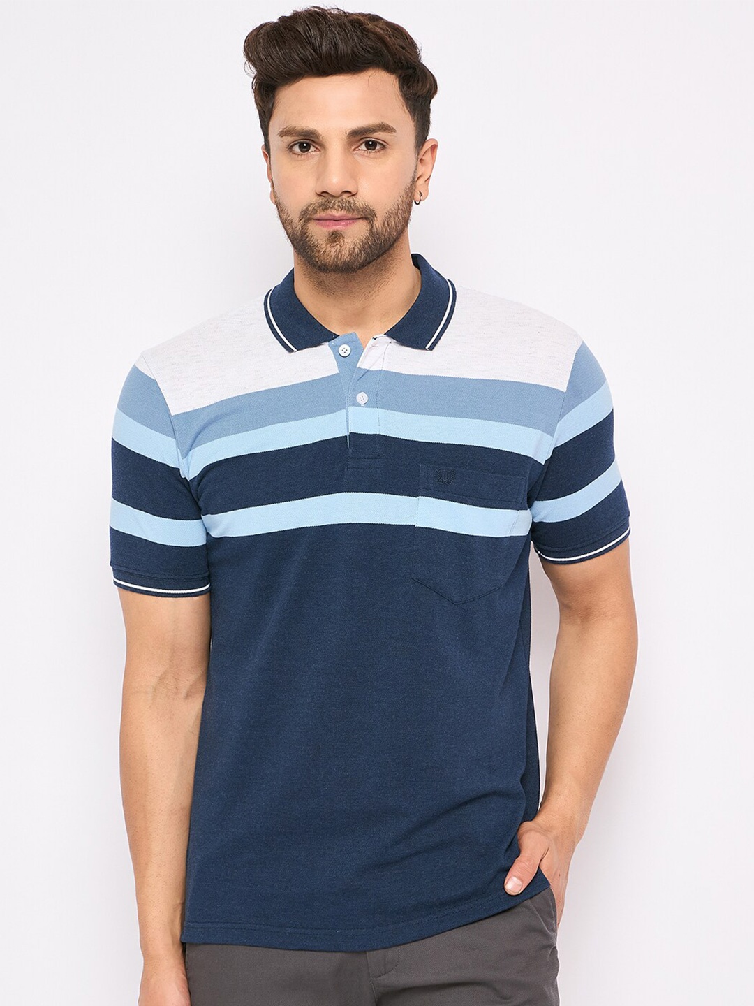 

Duke Striped Polo Collar Cotton T-shirt, Turquoise blue