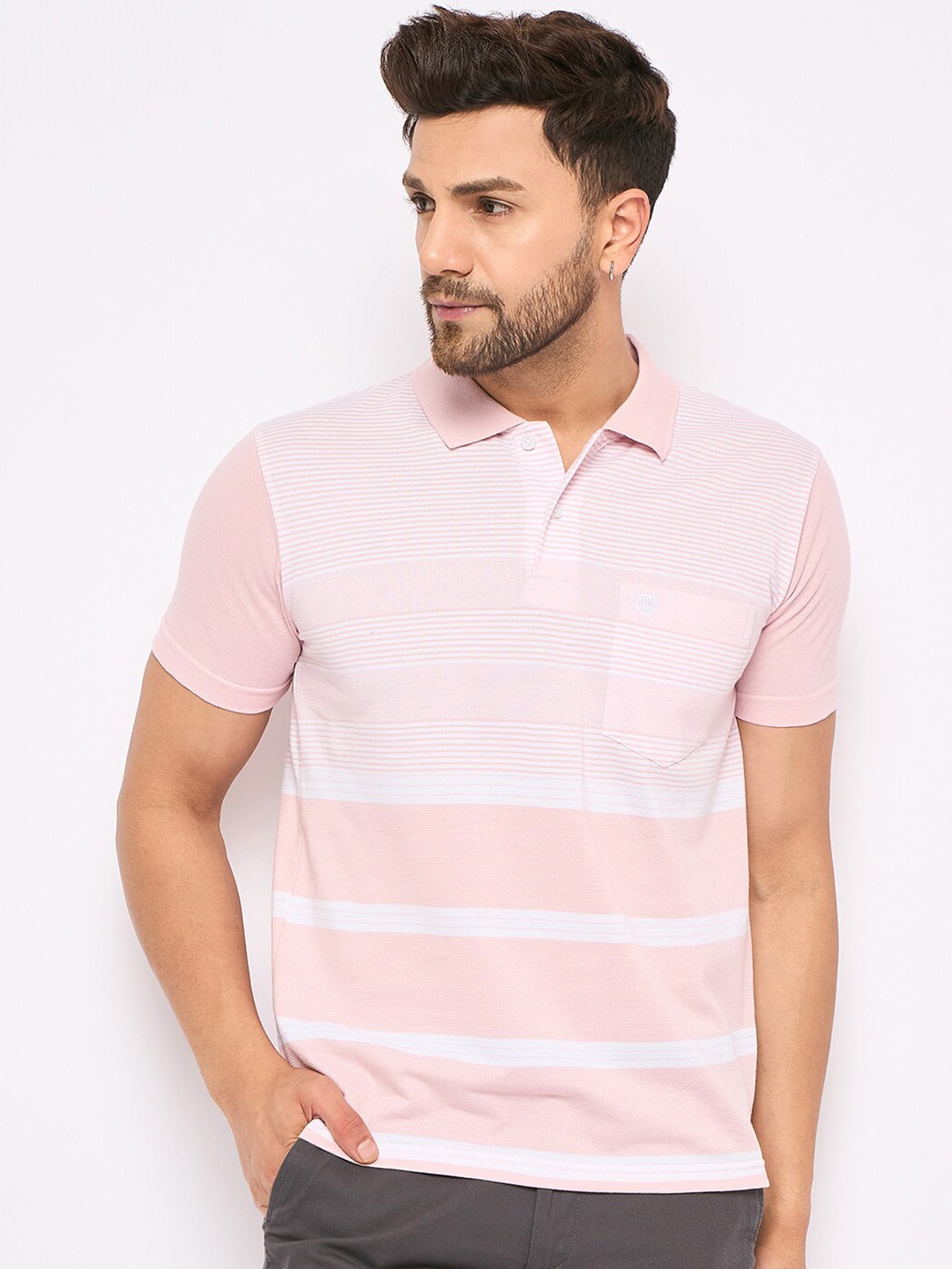 

Duke Striped Polo Collar Short Sleeves Cotton T-shirt, Pink