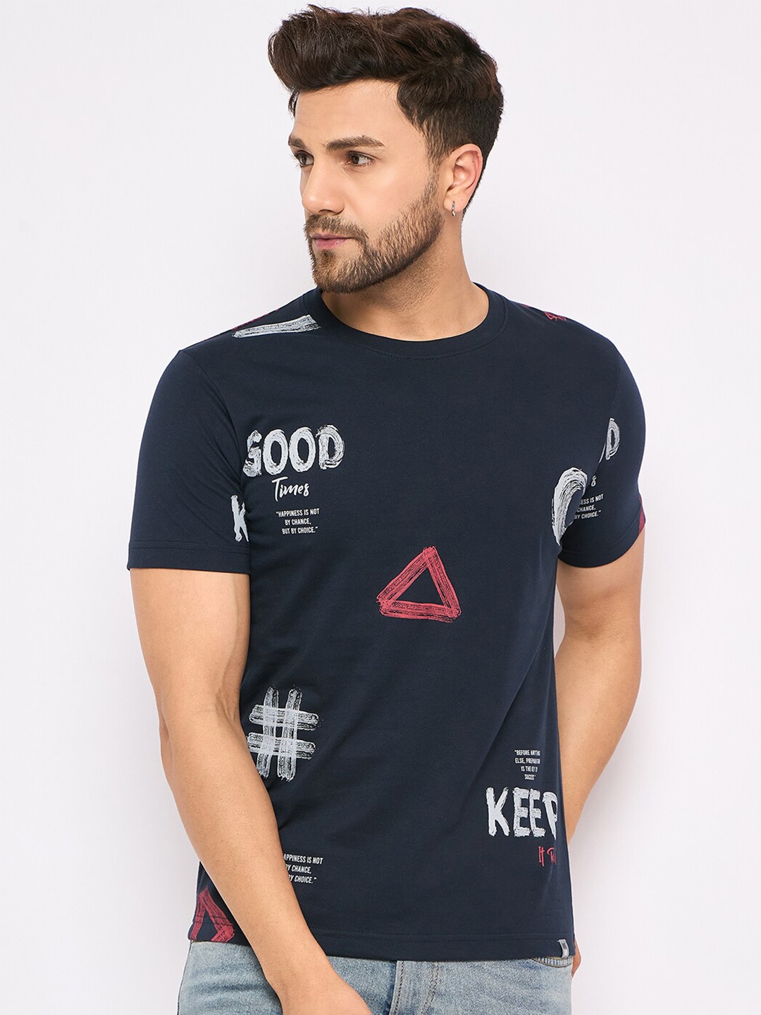

Duke Abstract Printed Round Neck Short Sleeves Cotton Slim Fit T-shirt, Blue