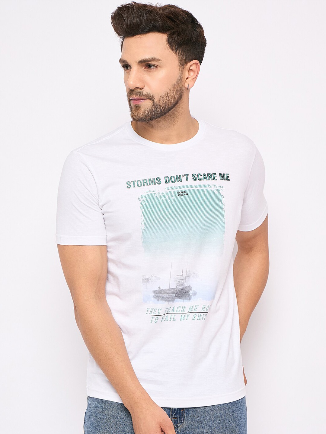 

Duke Graphic Printed Round Neck Slim Fit Cotton T-shirt, White