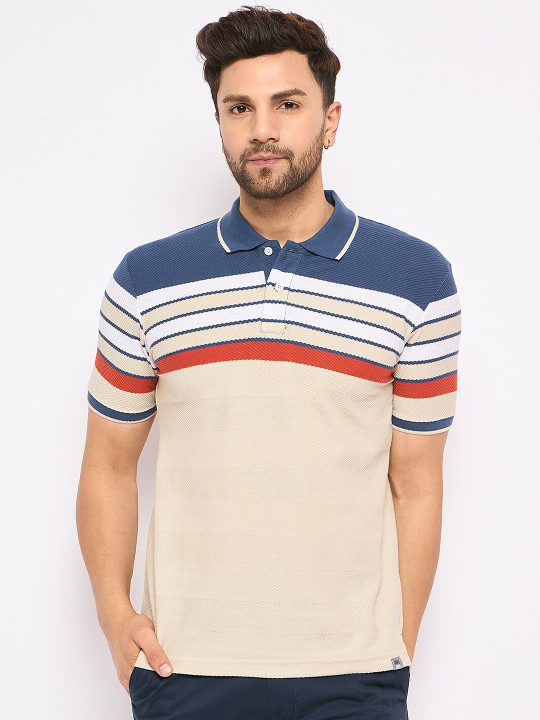 

Duke Striped Polo Collar Short sleeves Cotton Slim Fit T-shirt, Beige