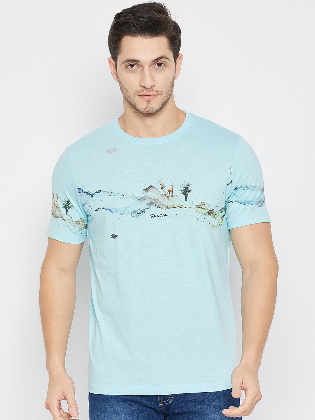 

Duke Abstract Printed Round Neck Short Sleeves Cotton Slim Fit T-shirt, Blue