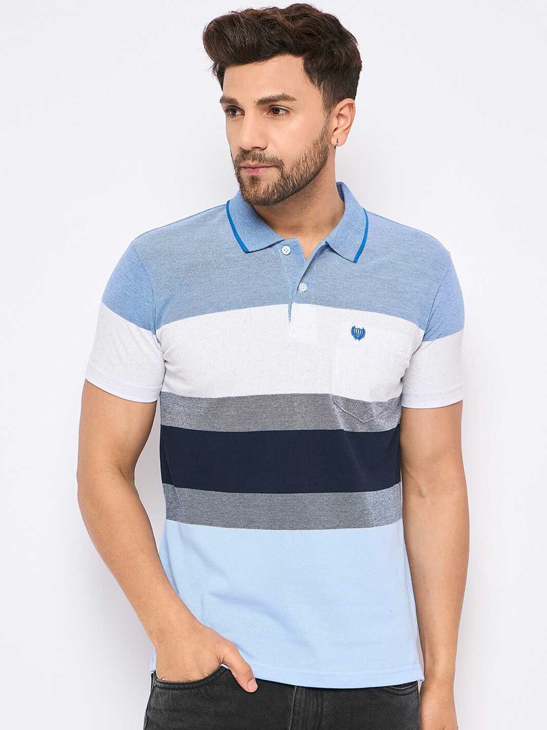 

Duke Striped Polo Collar Cotton T-shirt, Blue