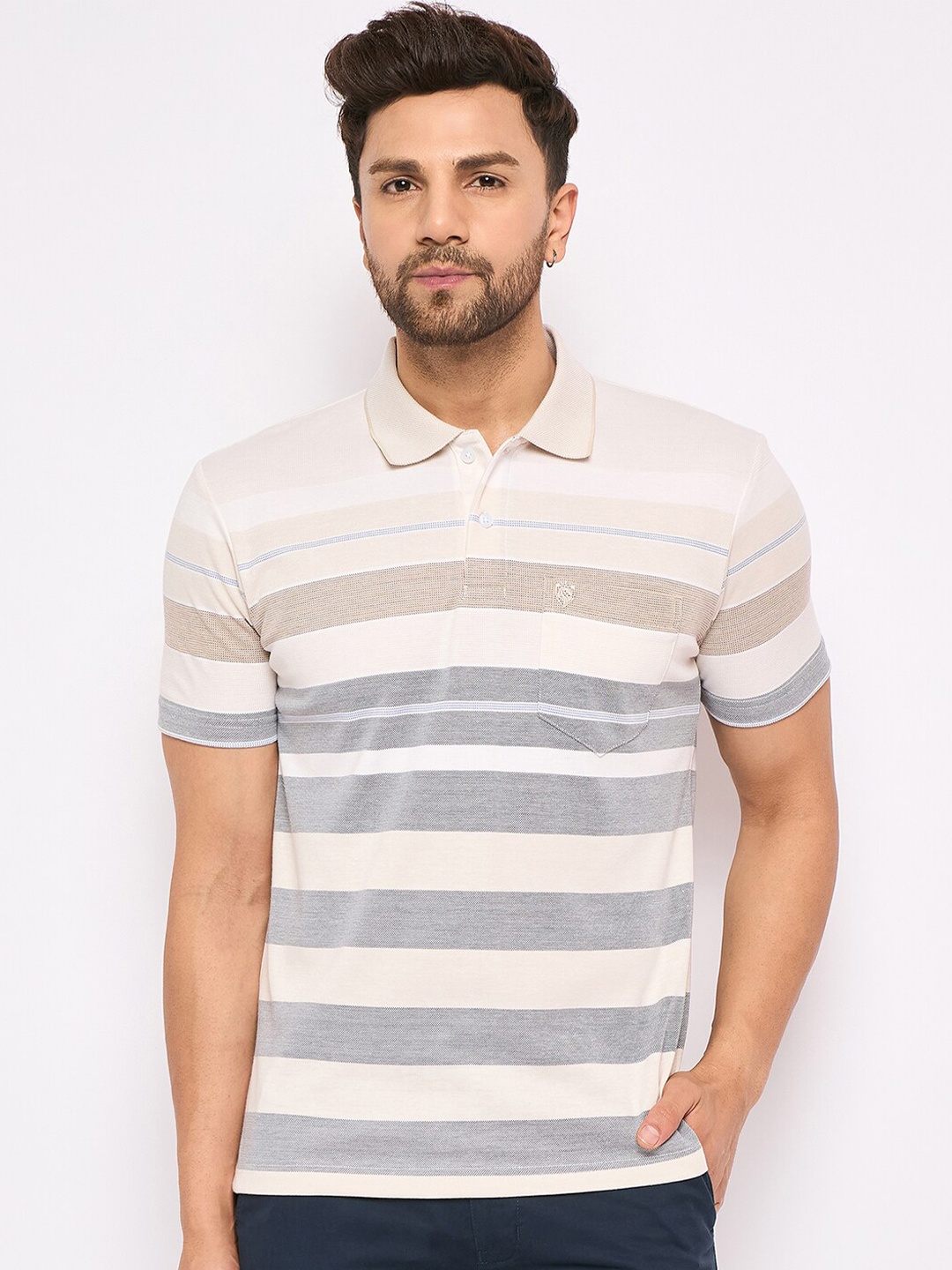 

Duke Striped Polo Collar Cotton T-shirt, Beige