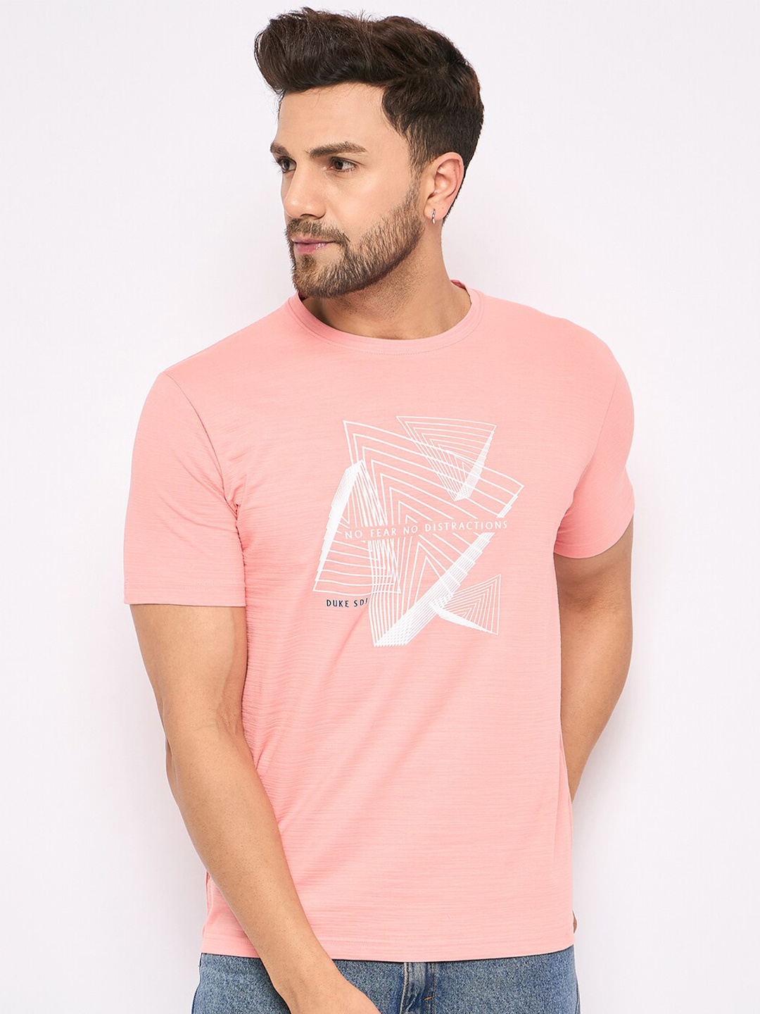 

Duke Geometric Printed Round Neck Short Sleeves Cotton Slim Fit T-shirt, Peach