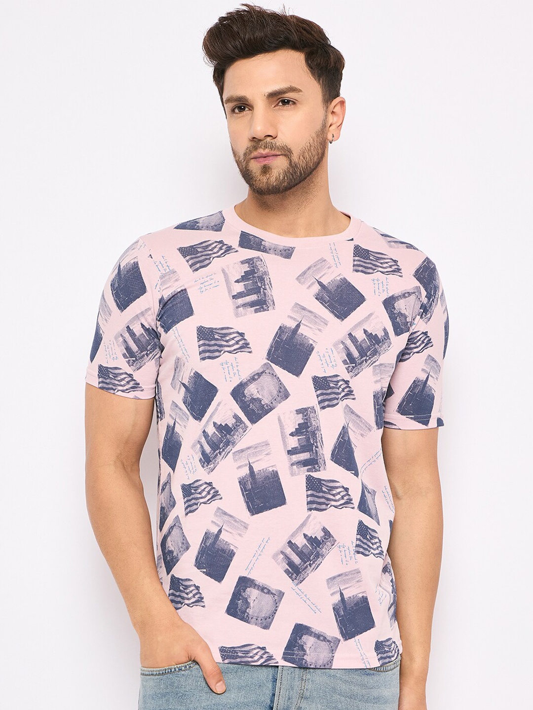 

Duke Abstract Printed Round Neck Cotton Slim Fit T-shirt, Pink