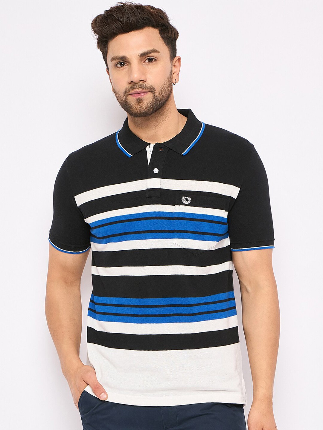 

Duke Striped Polo Collar Short Sleeves Cotton T-shirt, Black