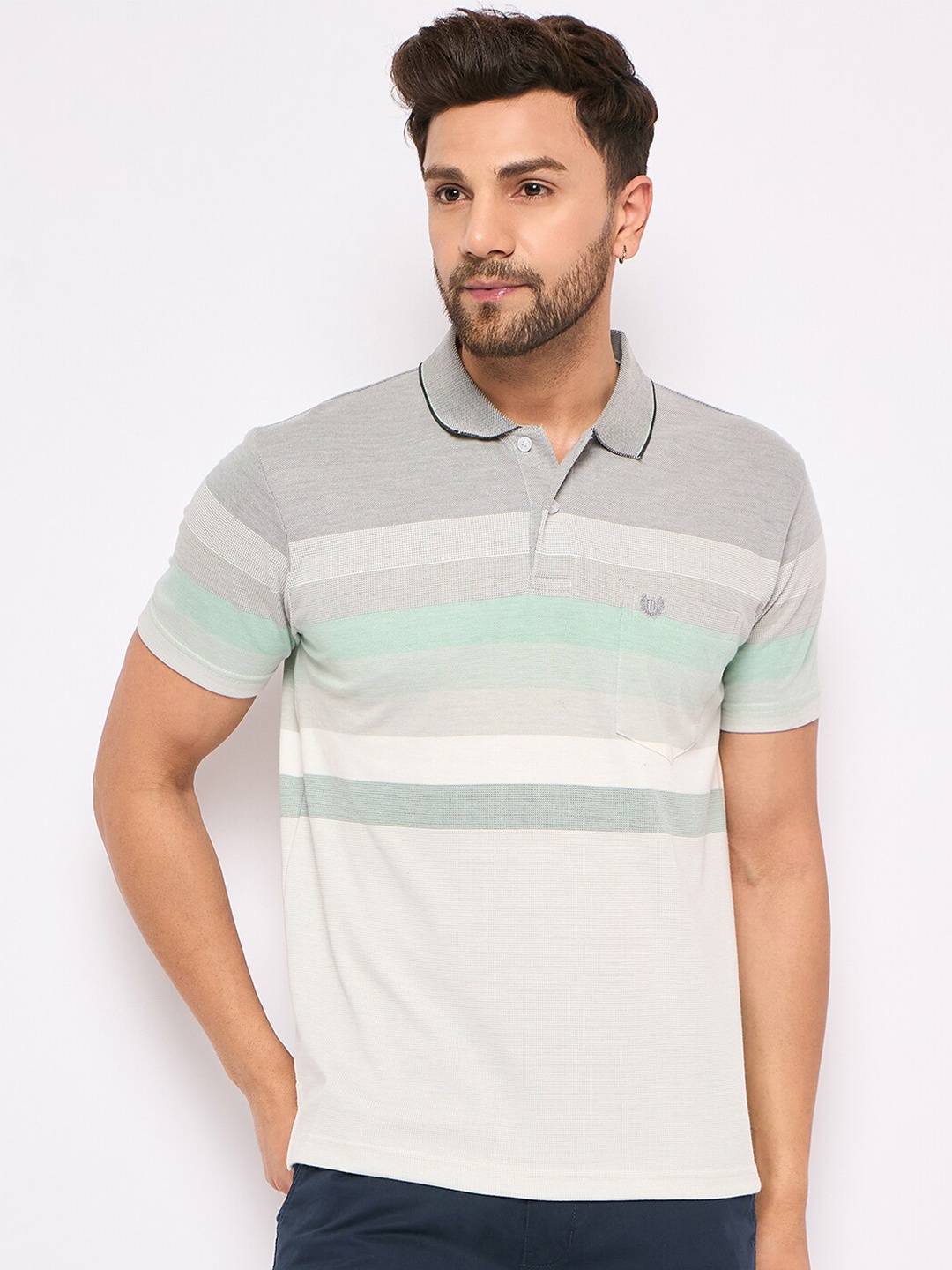 

Duke Striped Polo Collar Cotton T-shirt, Grey