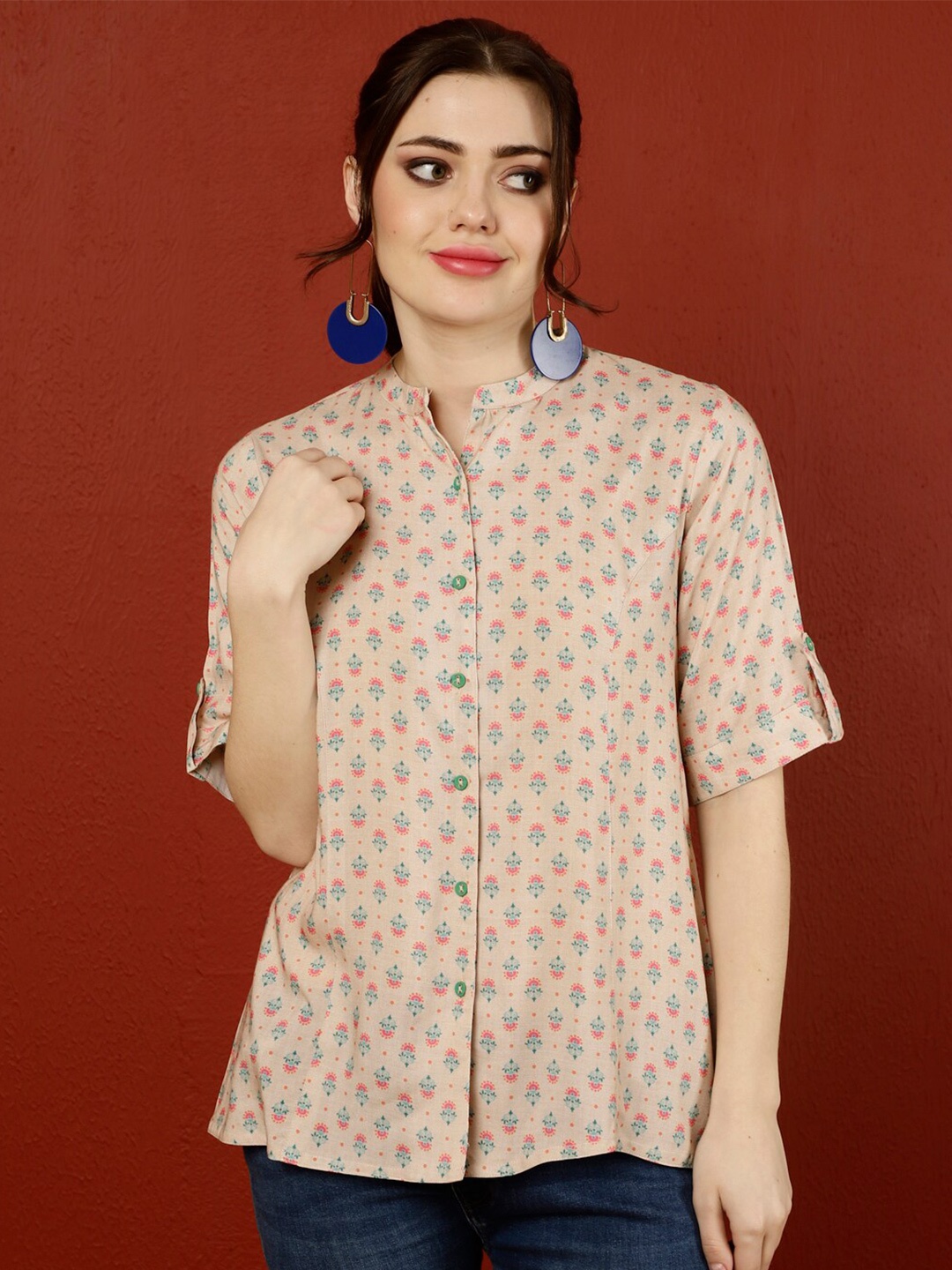 

Jaipur Kurti Digital Printed Princess Cut Formal Top, Beige