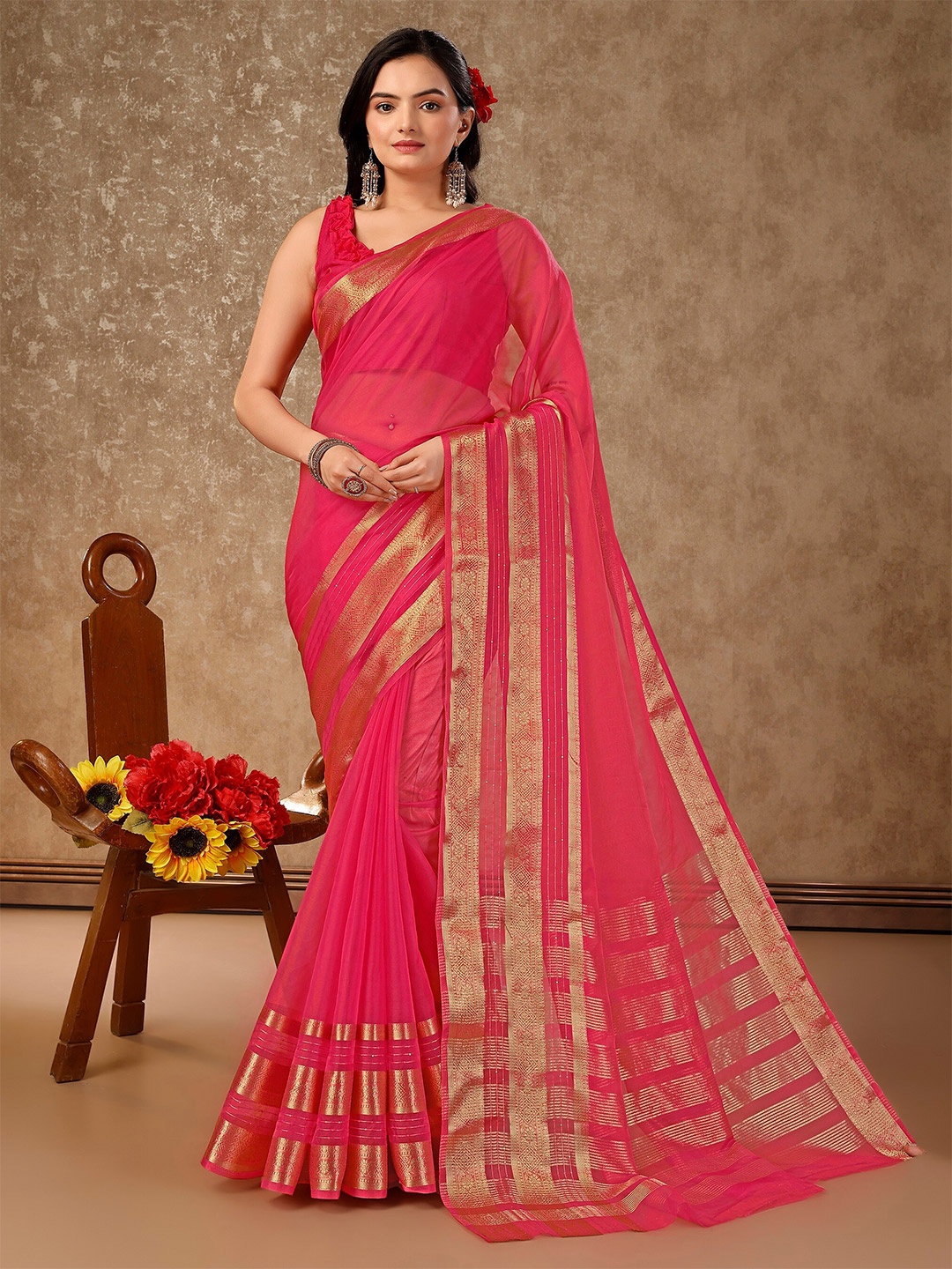 

HERE&NOW Woven Design Border Zari Organza Saree, Pink