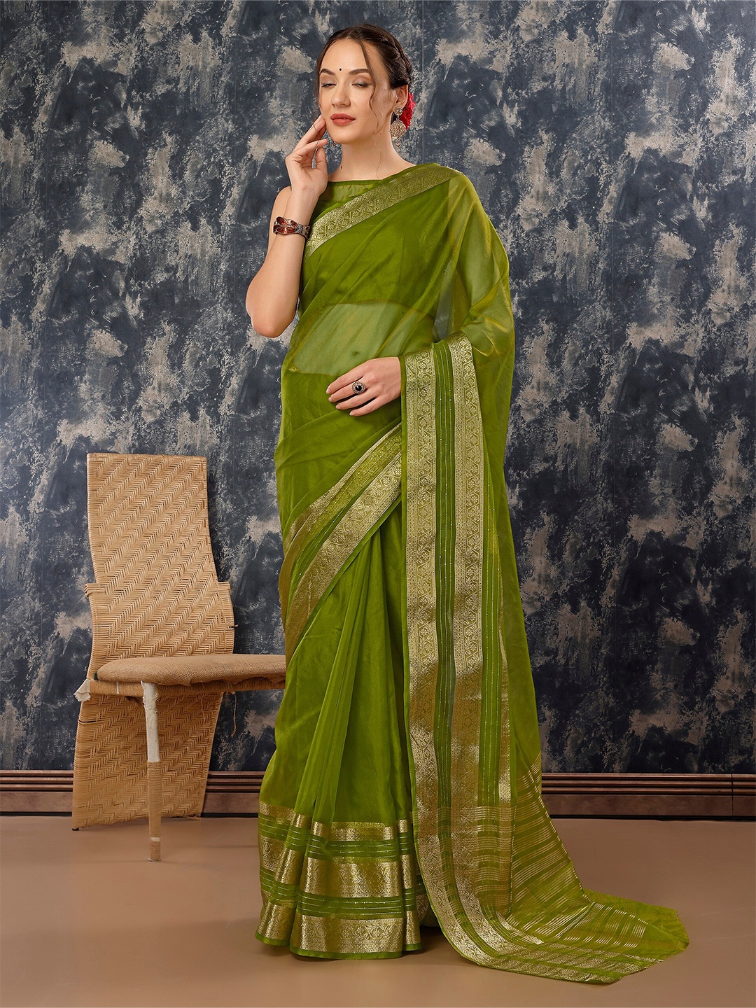 

HERE&NOW Zari Organza Saree, Green