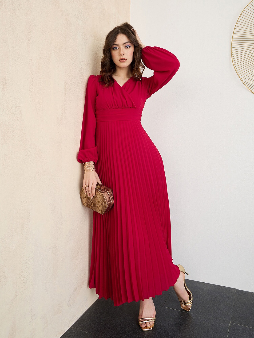 

Berrylush V-Neck Puff Sleeves Empire Maxi Dress, Red
