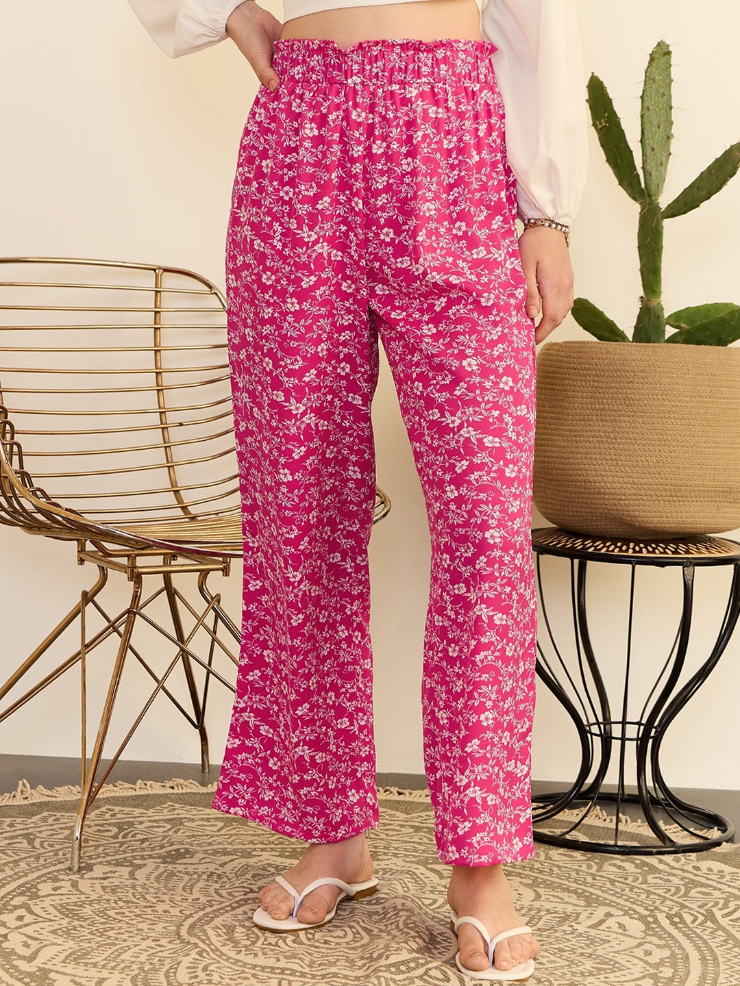 

Berrylush Women Pink Floral Print High-Rise Pleated Parallel Trousers