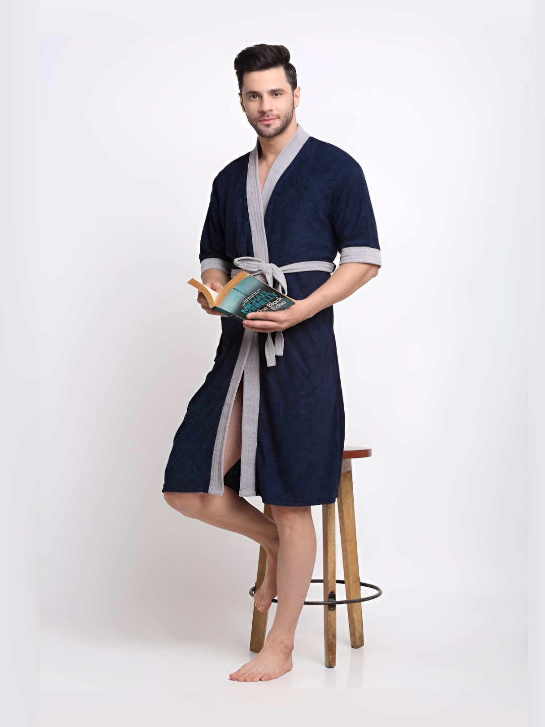 

Creeva Men Navy Blue & Grey Terry Cotton Bath Robe