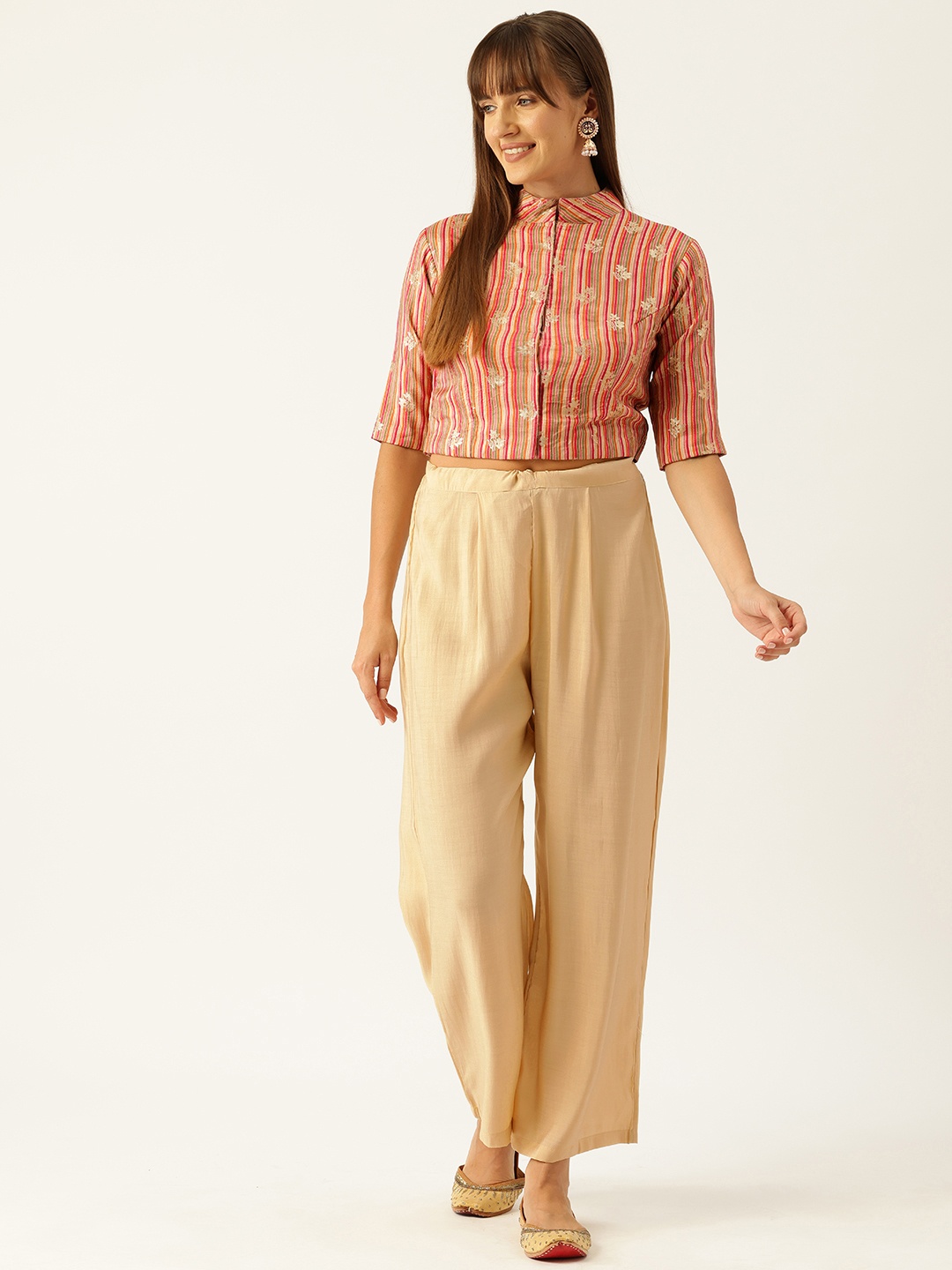 

Simaaya Mandarin Collar Crop Top With Trousers, Multi