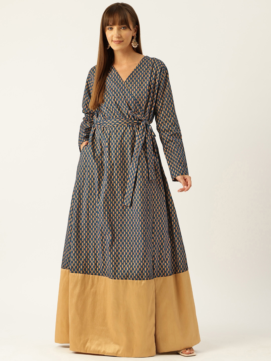 

Simaaya Ethnic Motifs Printed Angrakha Pure Cotton Kurta with Trousers, Navy blue