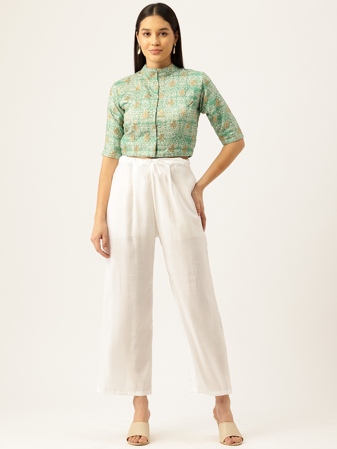 

Simaaya Mandarin Collar Crop Top With Trousers, Green