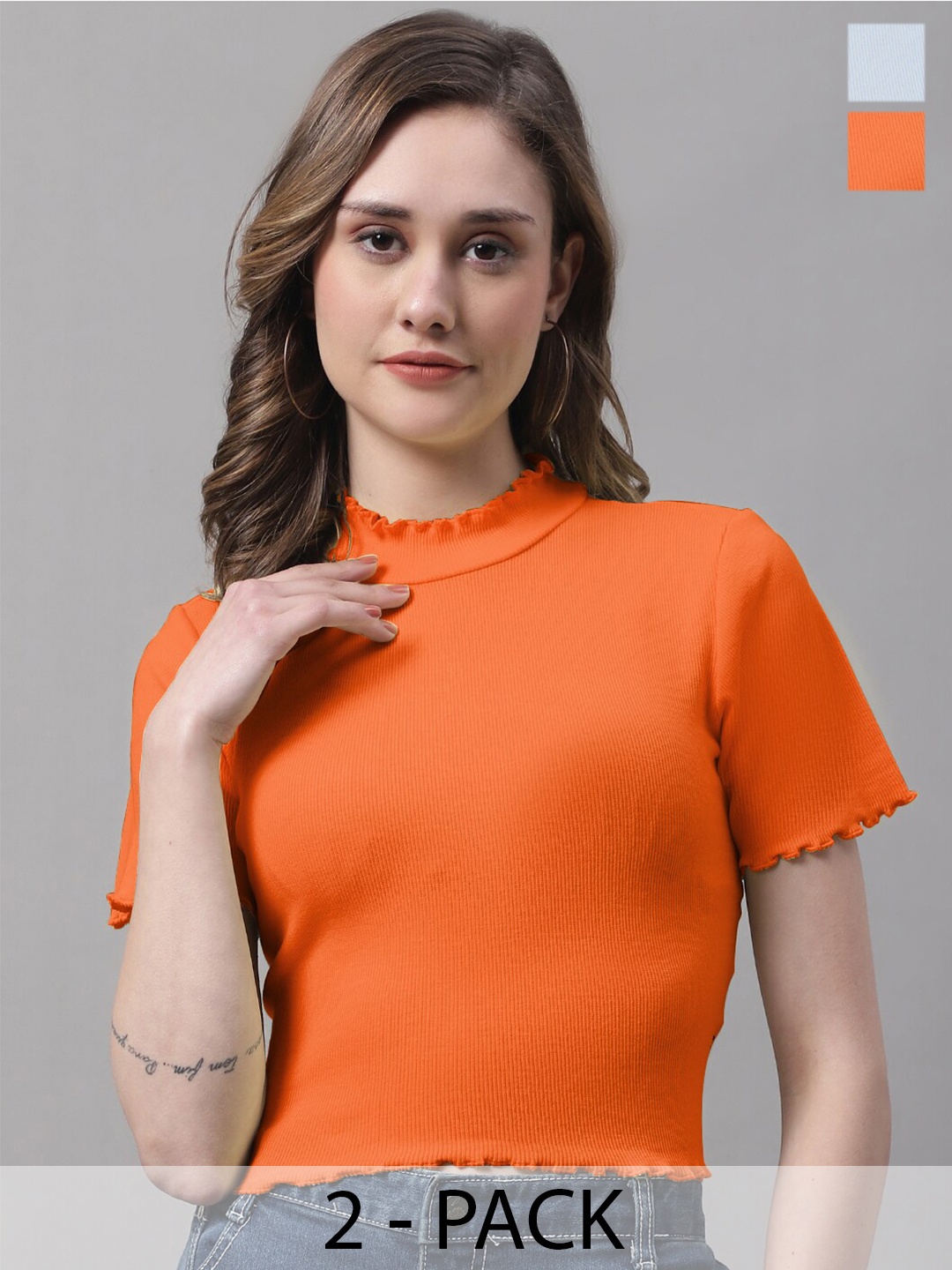 

FBAR Pack Of 2 Cotton High Neck Crop Top, Orange