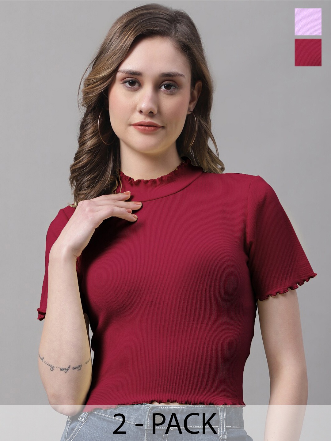 

FBAR Pack Of 2 High Neck Fitted Tops, Maroon