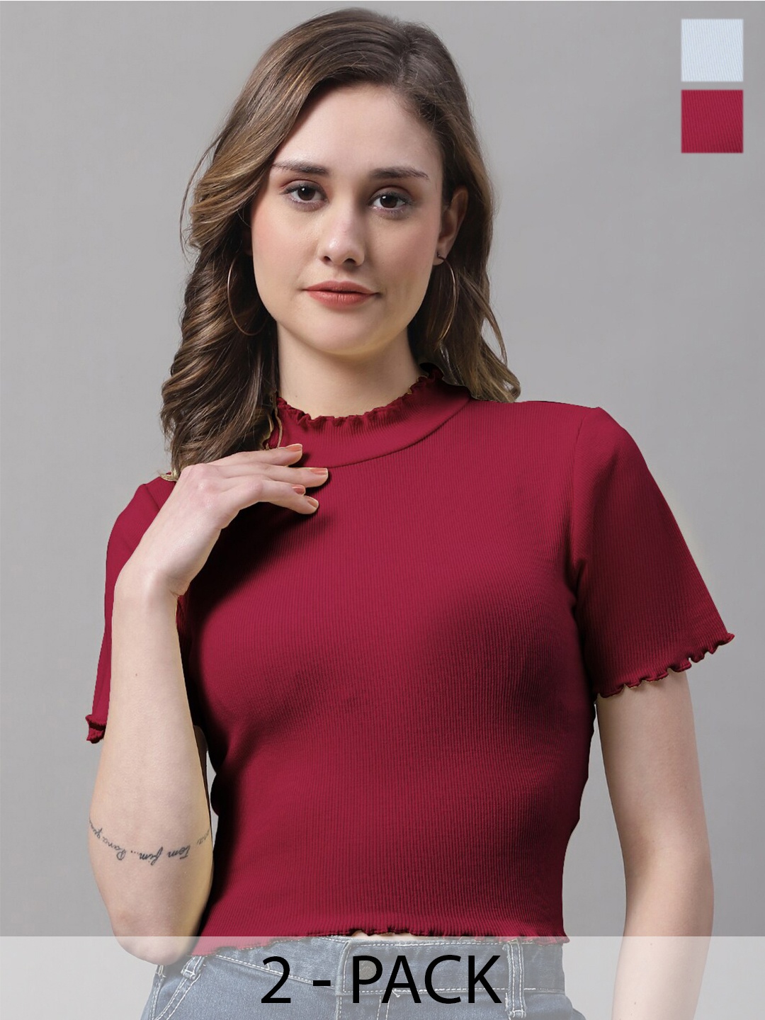 

FBAR Pack Of 2 High Neck Fitted Tops, Maroon