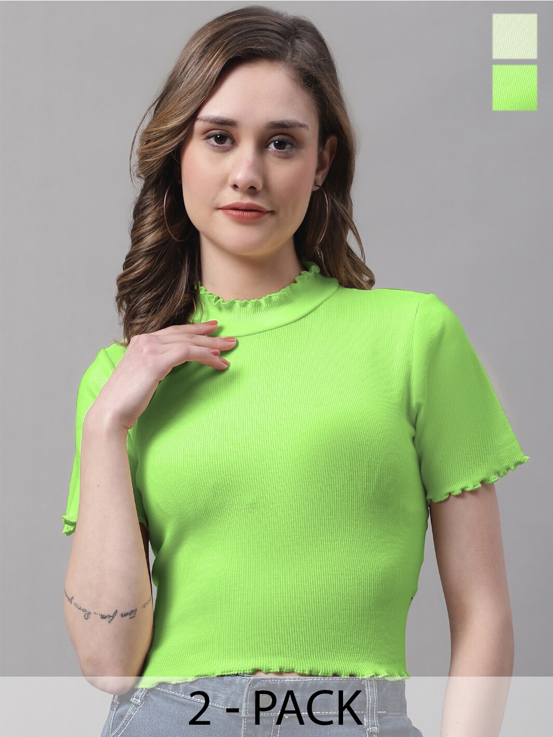 

FBAR Pack Of 2 Ribbed High Neck Bio Wash Cotton Fitted Crop Tops, Fluorescent green