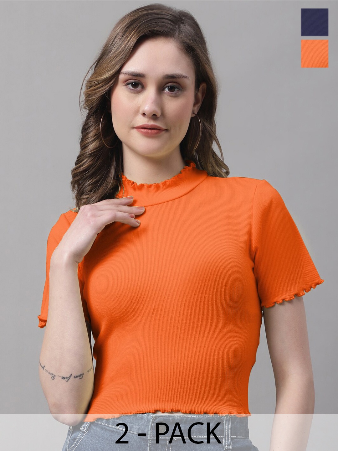 

FBAR Pack Of 2 Cotton High Neck Crop Top, Orange