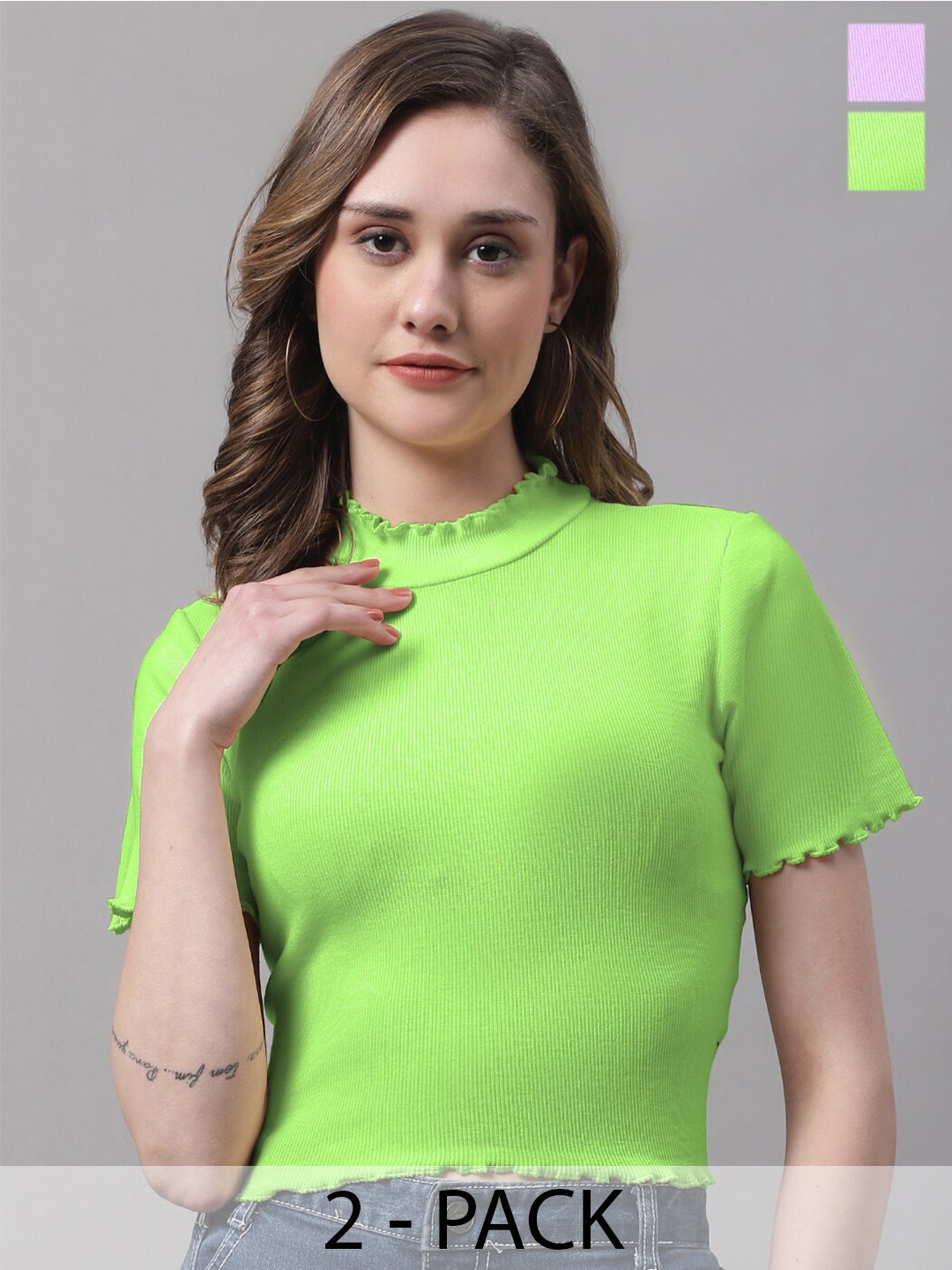 FBAR Pack Of 2 Cotton High Neck Crop Top, Fluorescent green