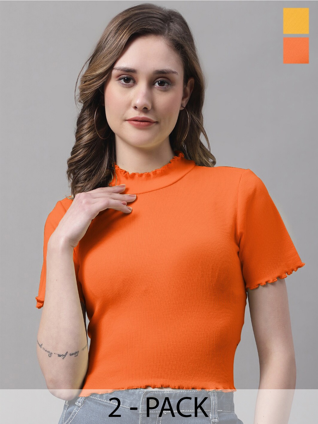 

FBAR Pack Of 2 High Neck Bio-Wash Pure Cotton Fitted Crop Tops, Orange