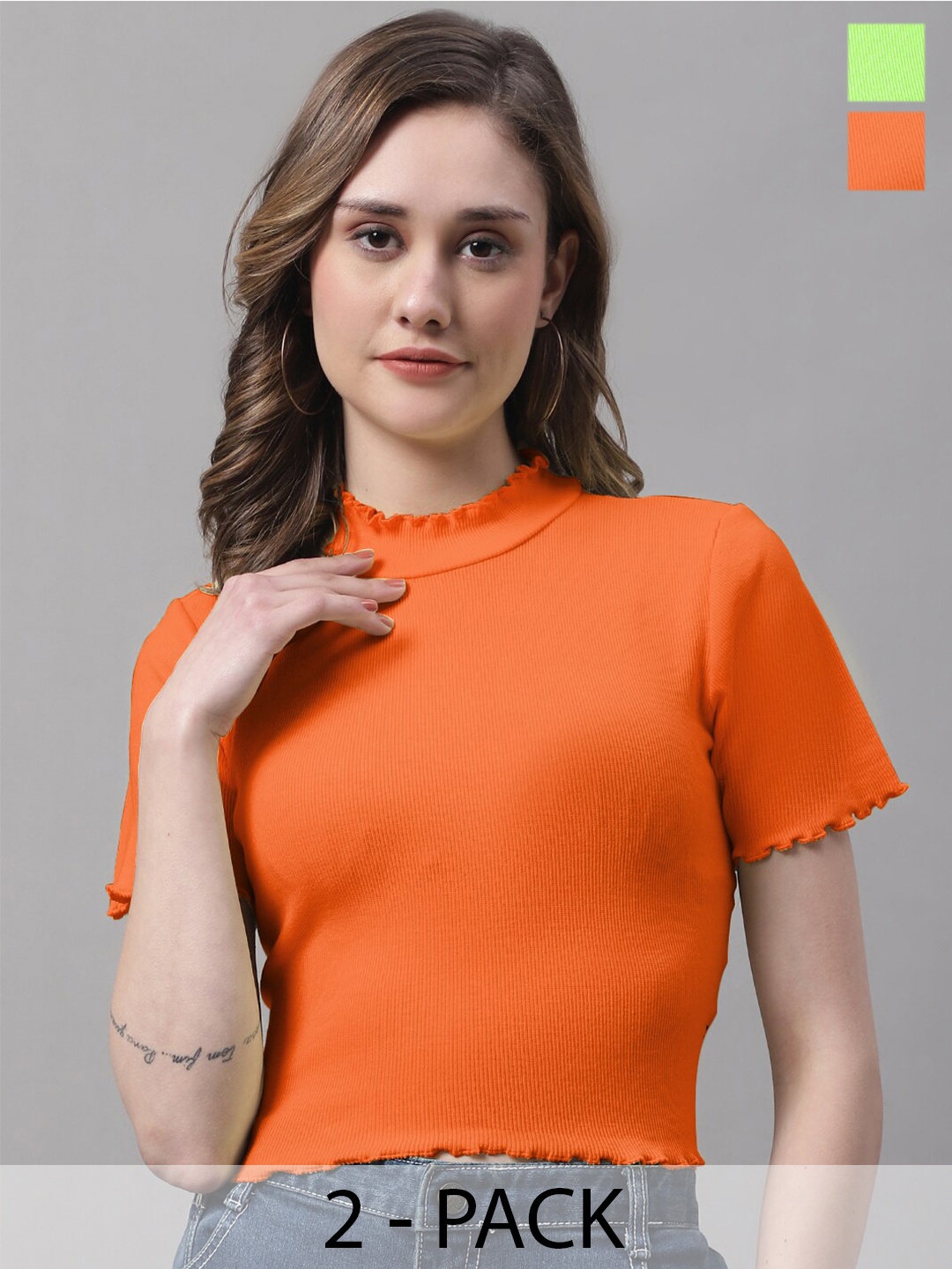 

FBAR Pack Of 2 Ribbed High Neck Bio Wash Cotton Fitted Crop Tops, Orange
