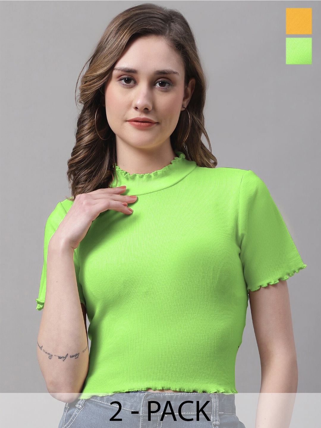 

FBAR Pack of 2 High Neck Crop Tops, Fluorescent green