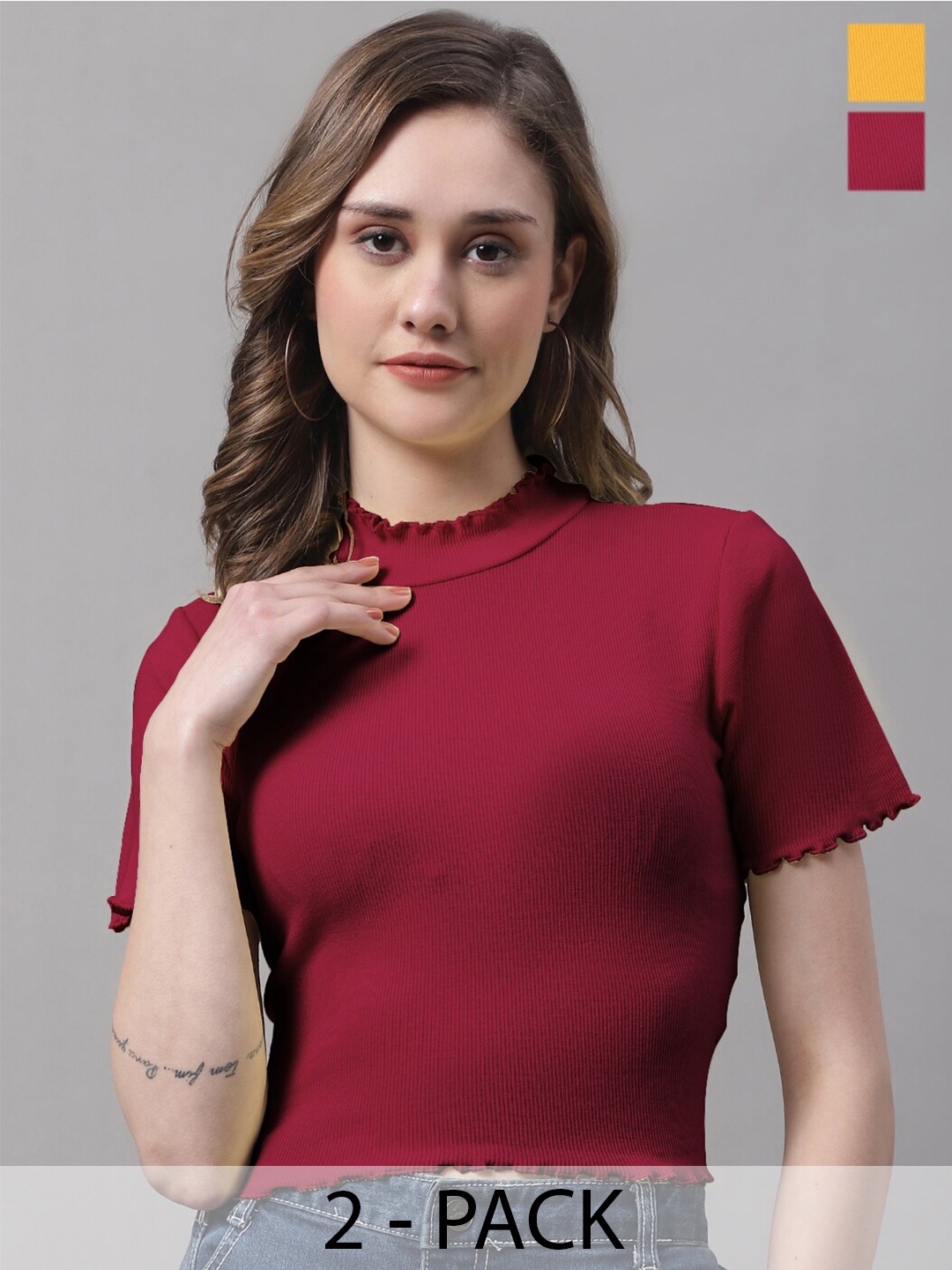

FBAR Pack of 2 High Neck Crop Tops, Maroon