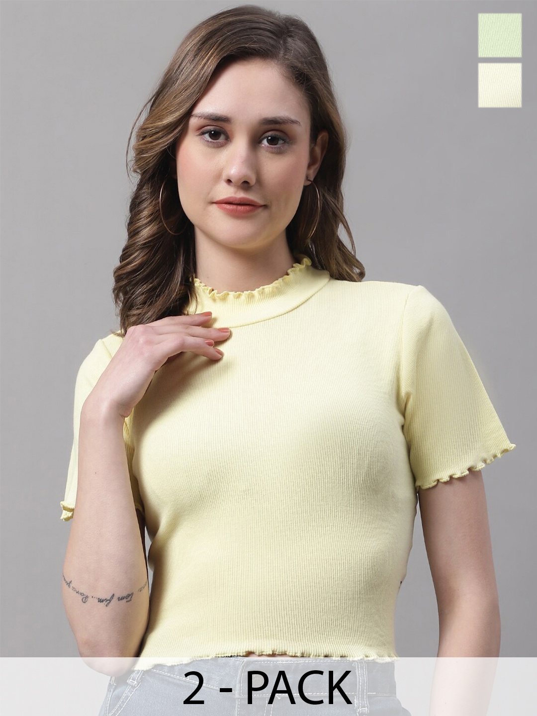 

FBAR Pack Of 2 High Neck Bio-Wash Pure Cotton Fitted Crop Tops, Yellow
