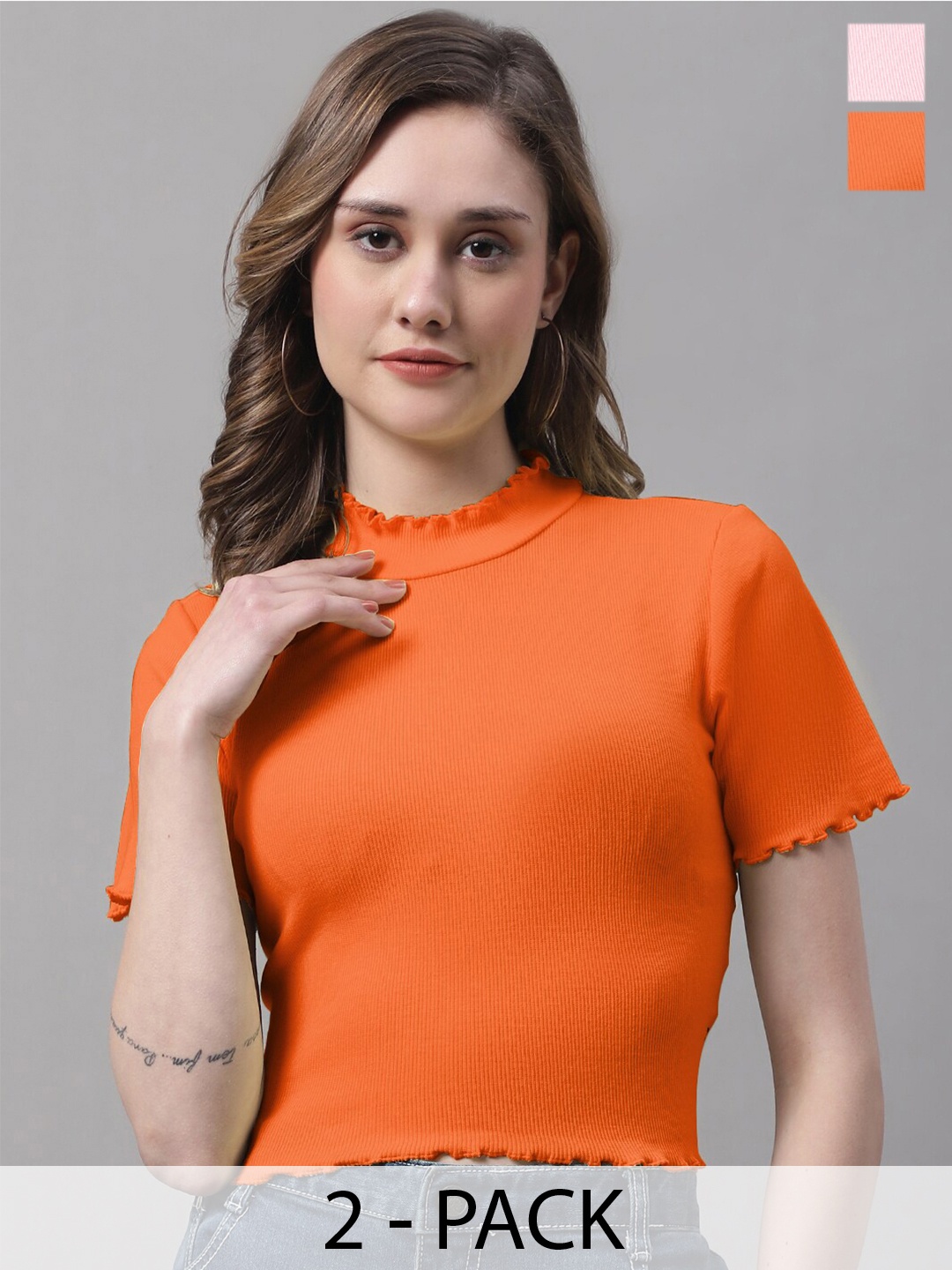

FBAR Pack Of 2 High Neck Fitted Crop Tops, Orange