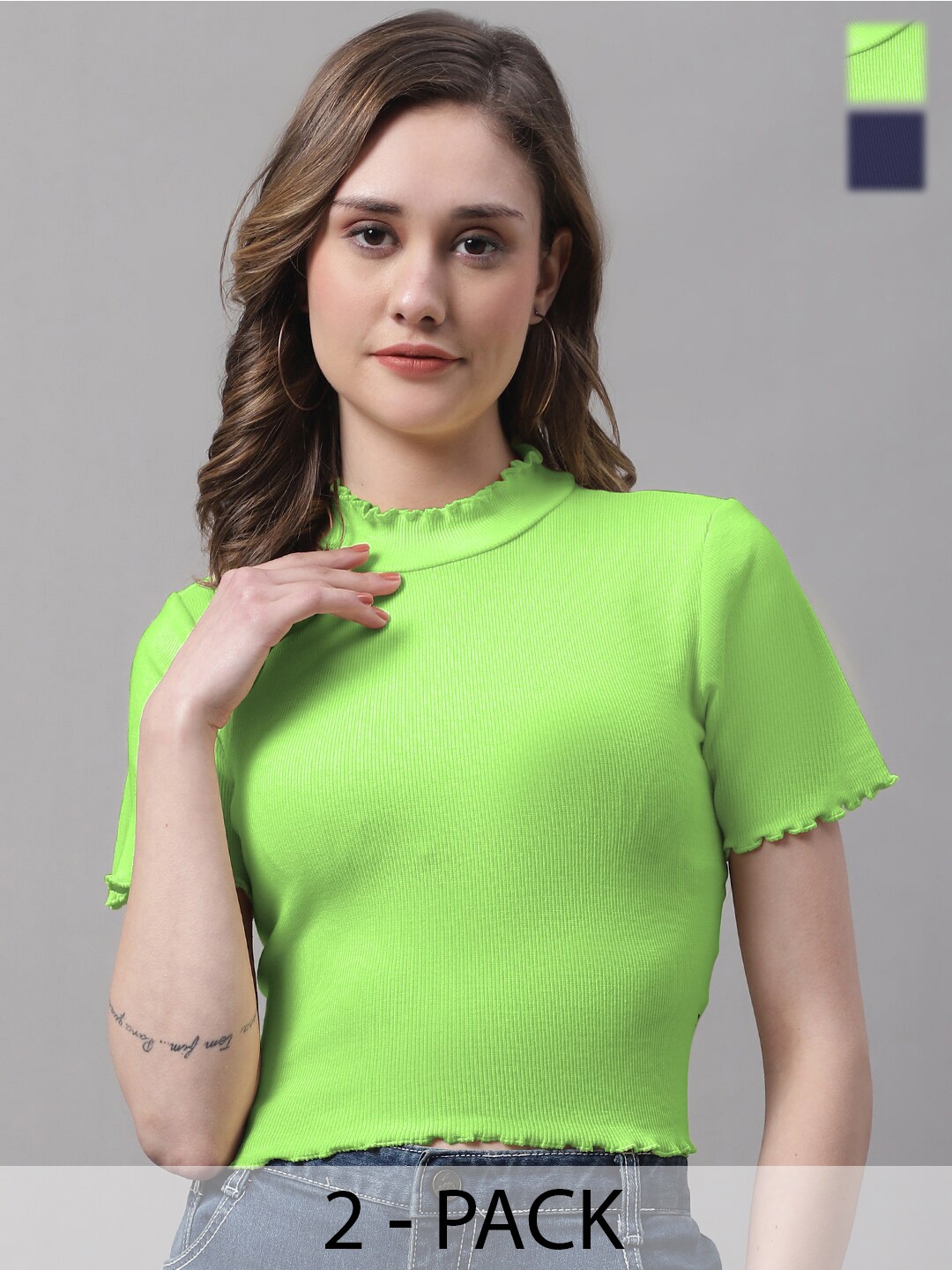 FBAR Pack Of 2 High Neck Fitted Tops, Fluorescent green