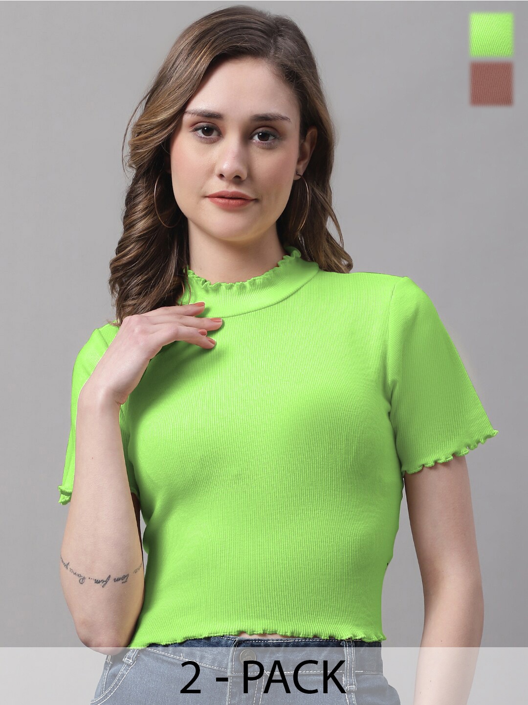 

FBAR Pack Of 2 High Neck Fitted Tops, Fluorescent green