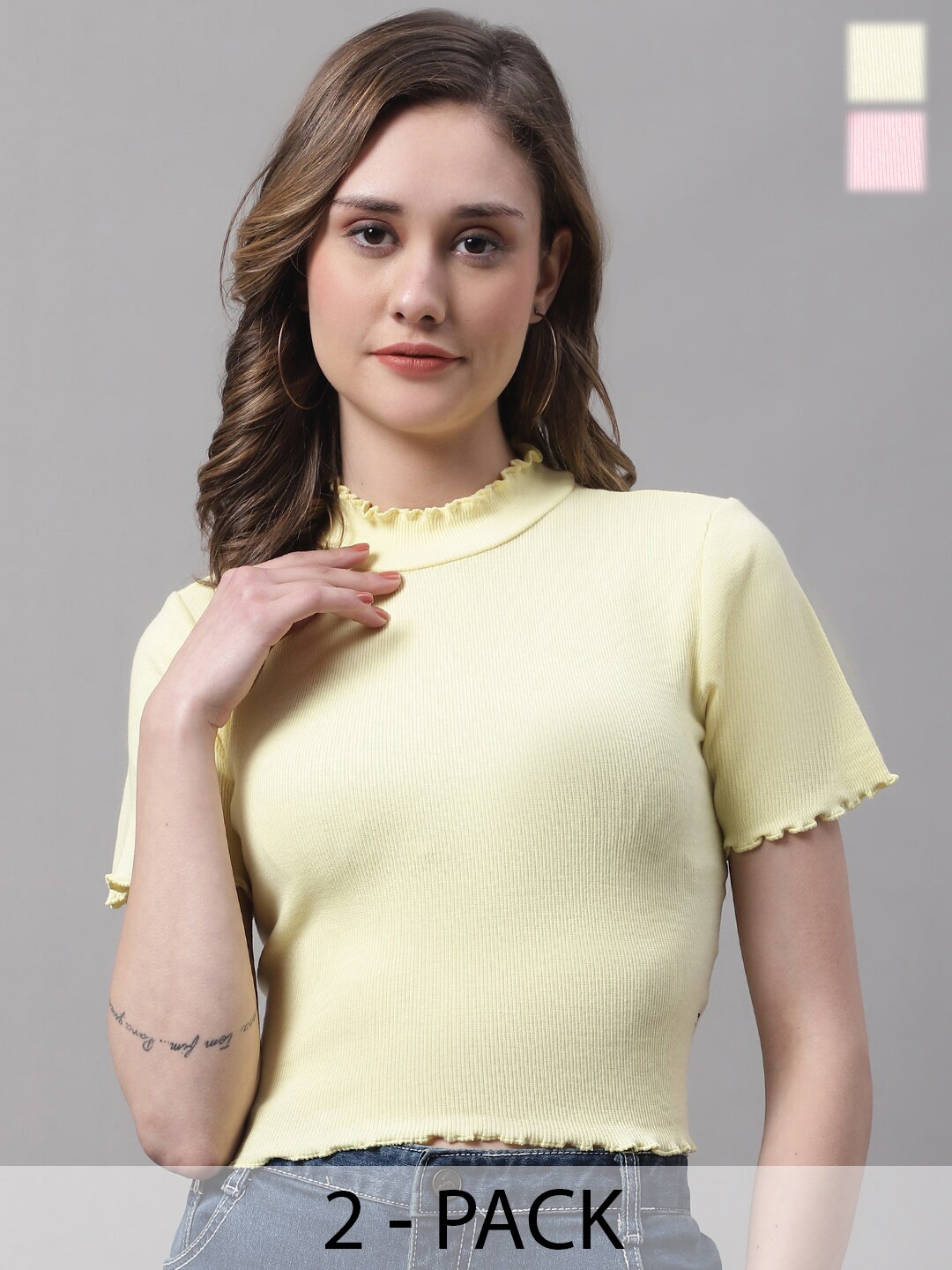 

FBAR Pack Of 2 High Neck Fitted Crop Tops, Yellow