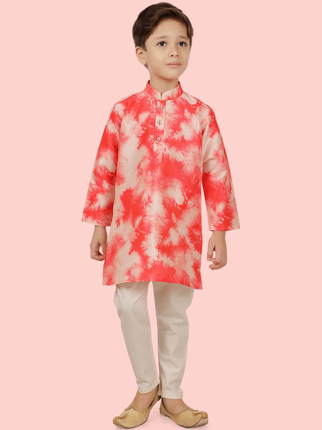 

Ethniks Neu-Ron Boys Geometric Printed Band Collar Long Sleeves Kurta with Pyjamas, Red