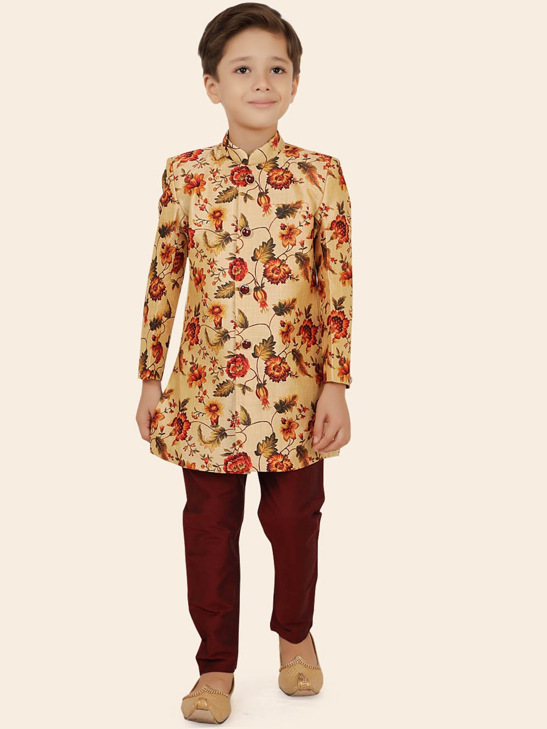 

Ethniks Neu-Ron Boys Floral Printed Regular Silk Chiffon Kurta with Pyjamas, Beige