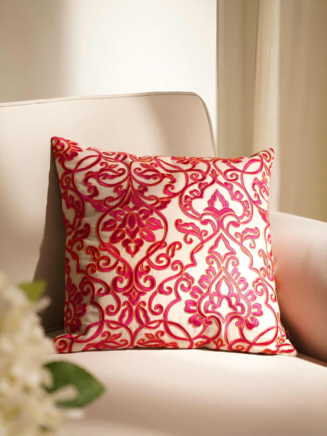 

Pure Home and Living Pink & White Embroidered Square Cushion Covers