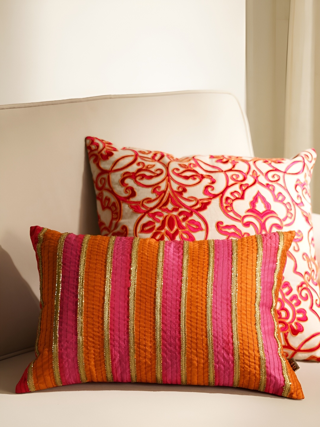 

Pure Home and Living Pink & Orange Embroidered Rectangle Cushion Covers