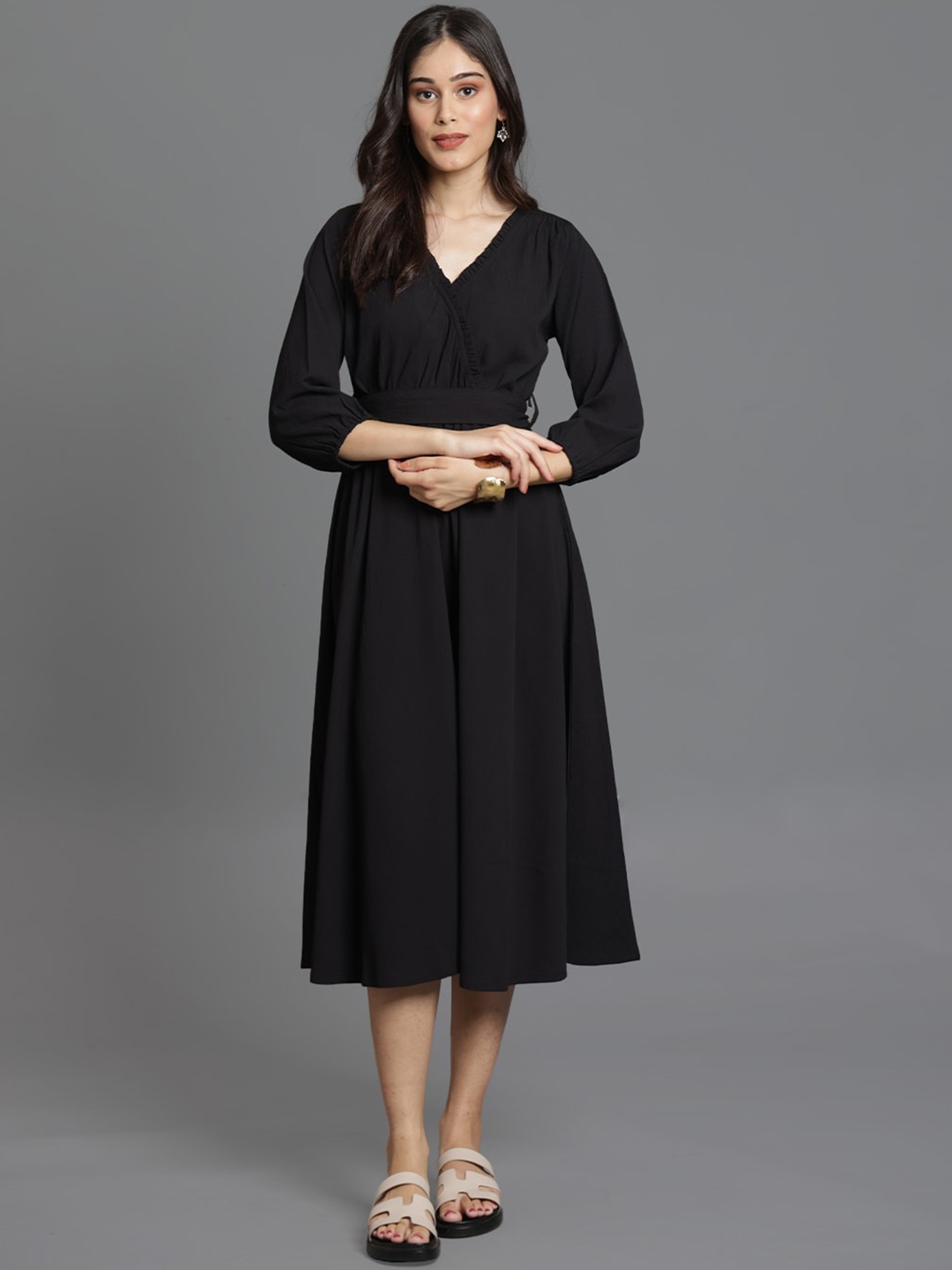 

Bani Women V-Neck Belted Fit & Flare Midi Dress, Black
