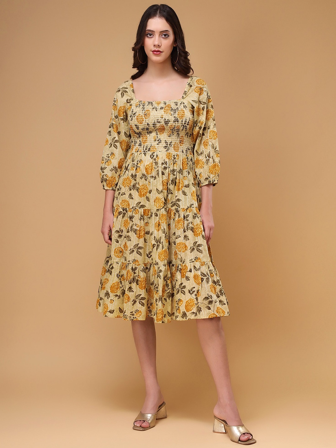 

Bani Women Floral Printed Smocked Detailed Pure Cotton Ethnic Dress, Mustard