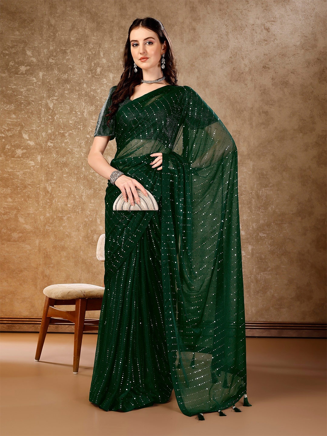 

HERE&NOW Embellished Saree, Green
