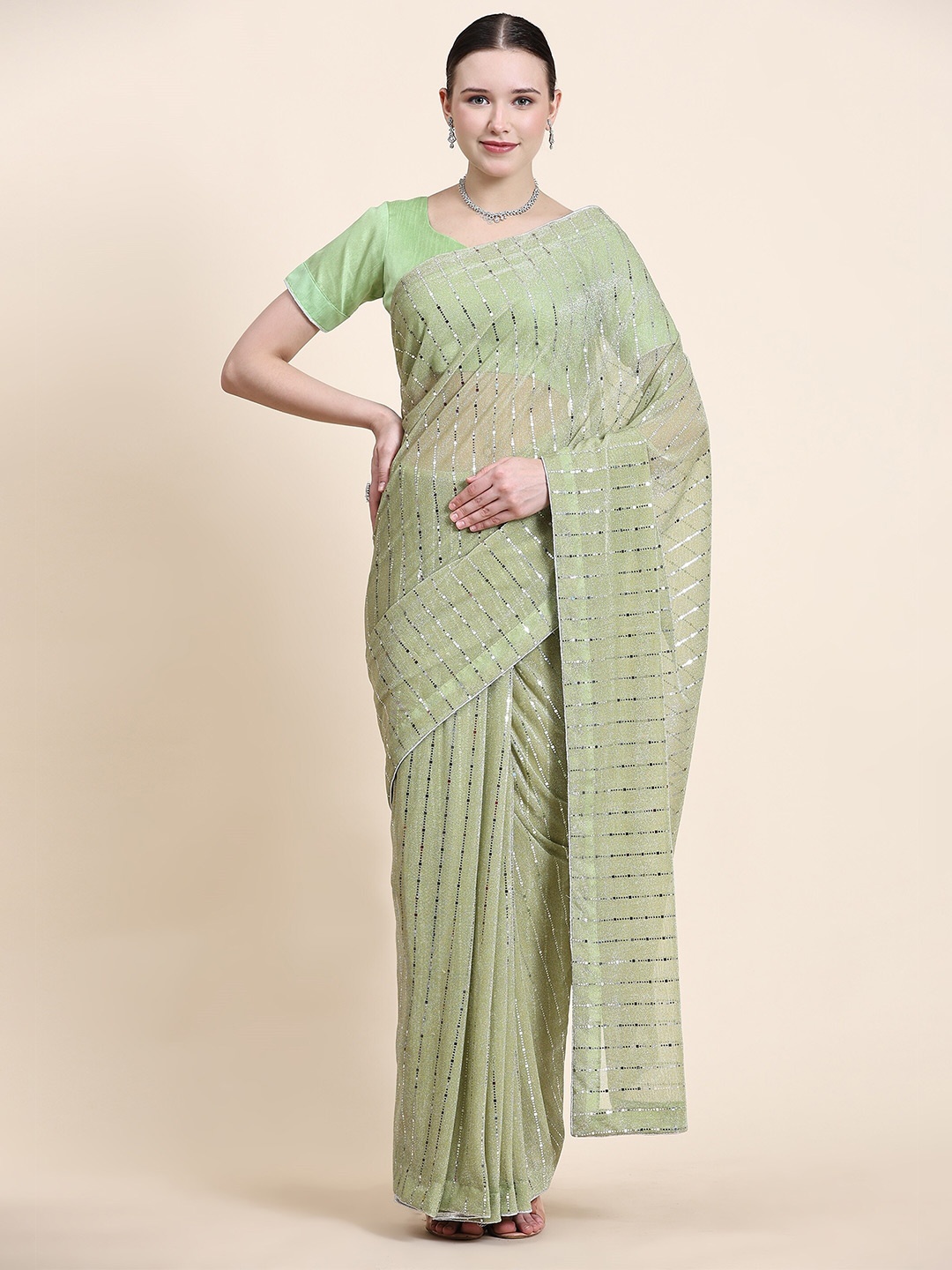 

HERE&NOW Striped Embellished Saree, Green