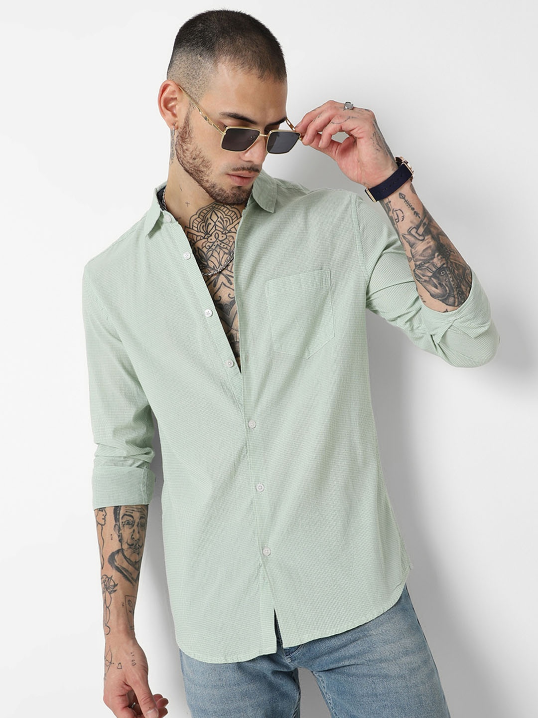 

VASTRADO Classic Slim Fit Long Sleeves Spread Collar Cotton Opaque Casual Shirt, Green